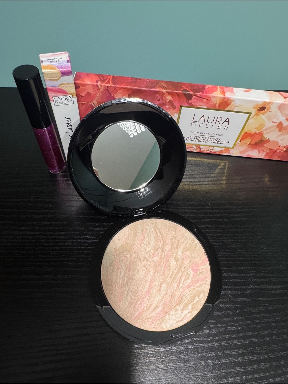 3 pc Laura Geller bundle, foundation, eyeshadow/blush palette, lip gloss